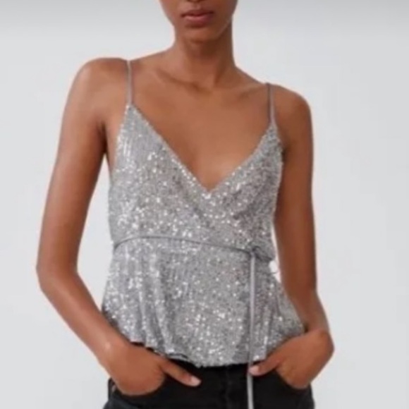 ZARA SILVER SEQUIN WRAP TOP NWT - Picture 3 of 6